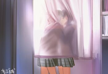 2girls behind_curtains blue_hair commentary curtains green_skirt grey_jacket haidao_mao hashtag-only_commentary highres jacket kiss miyagi_shiori multiple_girls school_uniform sendai_hazuki shuuniichido_classmate_wo_kau_hanashi skirt yuri