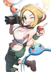 1girl absurdres ass blonde_hair boots breasts bug camera cargo_pants cleavage dot_nose dutch_angle from_side gen_3_pokemon glint gonzarez green_eyes green_pants grin highres holding holding_camera holding_poke_ball index_finger_raised insect large_breasts looking_at_viewer looking_to_the_side masquerain midriff moth nintendo one_eye_closed pants poke_ball poke_ball_(basic) pokemon pokemon_(creature) pokemon_xy short_hair silk smile spider_web standing standing_on_one_leg strap surskit tank_top viewfinder viola_(pokemon) white_tank_top wristband