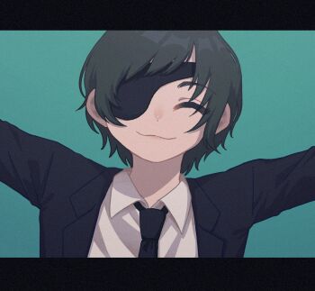 1girl arms_up black_necktie black_suit chainsaw_man closed_eyes closed_mouth collared_shirt commentary_request eyepatch formal_clothes green_background green_hair higashiyama_kobeni highres letterboxed long_sleeves necktie shirt short_hair simple_background smile solo suit upper_body white_shirt yksm_oe