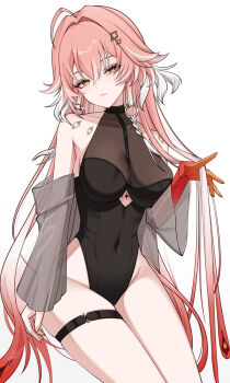 1girl ahoge alternate_costume bare_shoulders black_leotard body_markings breasts changli_(wuthering_waves) closed_mouth colored_extremities commentary_request covered_navel groin hair_between_eyes hair_intakes hair_ornament highleg highleg_leotard highres large_breasts leotard long_hair looking_at_viewer multicolored_hair pink_hair red_hands simple_background solo tacet_mark_(wuthering_waves) thigh_strap thighs two-tone_hair uriuritei very_long_hair white_background white_hair wuthering_waves yellow_eyes