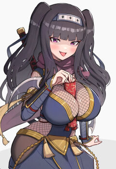 1girl between_breasts black_hair bodystocking breasts fire_emblem fire_emblem_awakening fire_emblem_heroes fishnet_bodystocking fishnets gonzarez highres large_breasts long_hair nintendo official_alternate_costume purple_eyes solo tharja_(fire_emblem) tharja_(ninja)_(fire_emblem) tongue tongue_out twintails