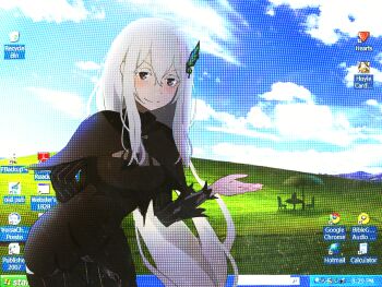 1girl absurdres black_capelet black_dress breasts bug butterfly butterfly_hair_ornament capelet closed_mouth colored_eyelashes desktop_(computing) dire_illus dress echidna_(re:zero) english_text green_butterfly hair_between_eyes hair_ornament hand_up highres insect leaning_forward long_hair long_sleeves looking_at_viewer monitor re:zero_kara_hajimeru_isekai_seikatsu small_breasts smile solo striped_clothes striped_dress table vertical-striped_clothes vertical-striped_dress very_long_hair white_eyelashes white_hair