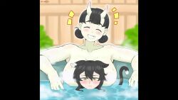 2girls animal_ears animated areola_slip artist_name bath bathing black_hair blurry blurry_background breasts cat_ears cat_girl cat_tail censored_nipples chipped_tooth closed_eyes convenient_censoring double_bun dungeon_meshi fence garethue8 hair_bun hairdressing height_difference horns inutade izutsumi large_breasts mole mole_under_eye multiple_girls nude oni onsen open_mouth orange_eyes partially_submerged short_hair smile steam steam_censor tail teeth video water wet wet_hair