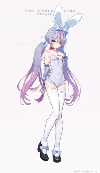1girl bare_shoulders blue_ribbon blush breasts choker covered_navel detached_sleeves english_text full_body gloves hair_ornament highres leotard long_hair looking_at_viewer low_twintails multicolored_hair partially_fingerless_gloves pink_choker playboy_bunny purple_hair rabbit_hair_ornament red_eyes red_hair ribbon shoulder_tattoo simple_background small_breasts smile solo streaked_hair tattoo thighhighs tokonagi_yori tosaki_mimi twintails vspo! white_background white_gloves white_leotard white_thighhighs