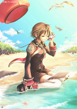 1girl 4leaf archived_source artist_name beach belted_shorts beret bird black_shirt black_shoes black_shorts black_sleeves blue_sky breasts brown_hair buttoned_cuffs buttons closed_eyes closed_mouth cloud collared_shirt commentary commentary_request copyright_notice dated_commentary day english_commentary gold_buttons hair_between_eyes hat holding_seashell ispin_charles jacket korean_commentary medium_breasts nexon official_art open_clothes open_jacket outdoors photoshop_(medium) red_hat red_jacket rock sand seagull seashell shell shirt shoes short_hair shorts signature sitting sky sleeve_cuffs sleeveless sleeveless_jacket smile softmax solo sunlight tales_weaver thighhighs tiv tree unbuttoned_jacket unworn_hat unworn_headwear wariza water white_thighhighs wing_collar