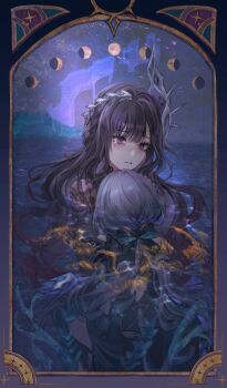 2girls absurdres blue_dress cerydra_(honkai:_star_rail) chrysos_heirs_(honkai:_star_rail) coma0987 crown crying dress head_ornament highres honkai:_star_rail honkai_(series) hysilens_(honkai:_star_rail) mini_crown moon_phases multiple_girls purple_eyes purple_hair water white_hair