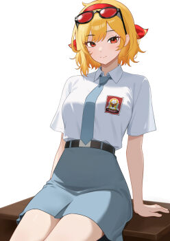 1girl alternate_costume arm_support belt black_belt blonde_hair breasts closed_mouth desk eyewear_on_head grey_necktie grey_skirt hairband high-waist_skirt highres hololive hololive_indonesia indonesian_high_school_uniform kaela_kovalskia kanghak large_breasts looking_at_viewer necktie on_desk red-tinted_eyewear red_eyes red_hairband school_desk school_uniform short_hair simple_background sitting skirt smile solo tinted_eyewear virtual_youtuber white_background