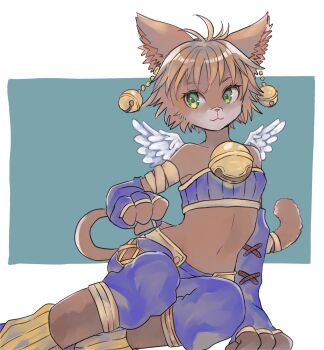 1girl :3 animal_ears bandaged_arm bandages bell bell_earrings blue_pants brown_fur brown_hair cat_ears cat_girl cat_tail commentary crop_top daena detached_sleeves earrings furry furry_female green_eyes hibanogi highres jewelry legend_of_mana looking_to_the_side pants seiken_densetsu sitting solo tail wings