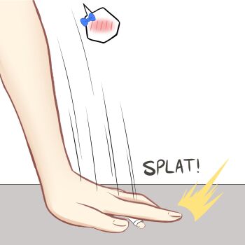 1boy 1girl ^^^ artist_self-insert basher blue_bow boros_(ouro_kronii) bow chibi crushing highres hololive hololive_english mini_person minigirl motion_lines out_of_frame personification simple_background size_difference spoken_blush virtual_youtuber white_background