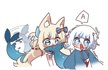 2girls :d a_(phrase) afterimage animal_ear_fluff animal_ears blonde_hair blue_eyes blush blush_stickers bow cat_ears commentary fins fish_girl fish_tail frown gawr_gura gawr_gura_(1st_costume) green_eyes hair_ornament hololive hololive_english indie_virtual_youtuber kabenats licking licking_another&#039;s_tail long_hair long_sleeves motion_lines multicolored_hair multiple_girls open_mouth sameko_saba shark_girl shark_tail simple_background smile speech_bubble spoken_letter streaked_hair tail tail_wagging tearing_up two-tone_hair two_side_up v-shaped_eyebrows virtual_youtuber voice_actor_connection white_background white_hair