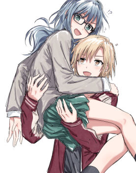 !? 2girls :d @_@ asahi_rokka bang_dream! bang_dream!_girls_band_party! black_shirt blazer blonde_hair blue_hair carrying carrying_person commentary embarrassed green_eyes green_skirt grey_jacket haneoka_school_uniform jacket long_hair long_sleeves looking_at_another miniskirt multiple_girls open_clothes open_jacket open_mouth pleated_skirt red_jacket sato_masuki school_uniform shirt short_hair skirt smile winter_uniform yellow_eyes yukitake_(bullfalk)