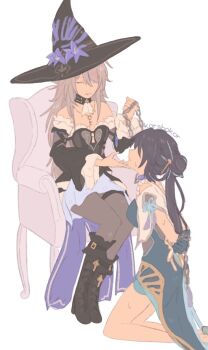2girls arms_behind_back artist_name ascot bare_shoulders belt black_belt black_boots black_choker black_dress black_hair black_hat black_sleeves blue_dress blue_hair boots breasts chain chained chair chinese_clothes choker clenched_hands closed_eyes collar commentary detached_sleeves dress feet_out_of_frame flower frills from_side full_body grey_hair grey_pantyhose hair_bun hair_ornament hair_over_one_eye hair_stick hand_on_another's_chin hands_up hat hat_flower hat_ornament herta_(honkai:_star_rail) holding holding_chain honkai:_star_rail honkai_(series) jewelry key key_necklace keyhole korshokor long_hair long_sleeves low_ponytail medium_breasts multicolored_hair multiple_girls necklace no_eyes off-shoulder_dress off_shoulder on_chair open_mouth pantyhose ponytail purple_collar purple_flower ruan_mei_(honkai:_star_rail) seiza short_sleeves sitting small_breasts smile strapless strapless_dress streaked_hair sweatdrop tassel the_herta_(honkai:_star_rail) thigh_strap white_ascot wide_sleeves witch_hat yuri