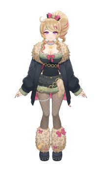 1girl absurdres animal_print black_jacket black_shoes blonde_hair bow breasts colored_inner_hair commentary drill_hair drill_ponytail drill_sidelocks english_commentary fingernails fishnet_pantyhose fishnets full_body fur-trimmed_jacket fur_trim hair_bow hair_ornament hairclip heartsync highres huge_breasts jacket jewelry leopard_print looking_at_viewer mole mole_on_breast mole_under_mouth multicolored_hair nail_polish necklace open_clothes open_jacket pantyhose pink_hair pink_nails purple_eyes shoes side_ponytail sidelocks siena_olena simple_background solo star_(symbol) star_necklace straight-on tachi-e tongue two-tone_hair white_background yukiunag1