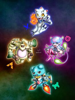 Rule 34 | angoramon, belt, circle, digimon, digimon (creature), espimon, fire, floating, flying, gammamon, gusart, highres, horns, jellyfish girl, jellymon, monster girl, scarf, tail, tentacle hair, tentacles, triceratops