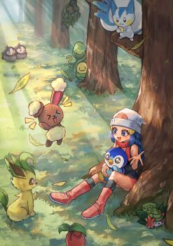1girl :d ? absurdres against_tree beanie black_shirt black_socks blue_eyes boots budew buneary burmy burmy_(plant) cherubi commentary_request dawn_(pokemon) day falling_leaves gen_4_pokemon grass hat highres korean_commentary leaf leafeon legendary_pokemon light_rays mythical_pokemon nintendo open_mouth outdoors pachirisu pink_boots pink_skirt piplup pokemon pokemon_(creature) pokemon_dppt rtb_(jbsb8423) scarf shadow shaymin shaymin_(land) shirt sitting skirt sleeveless sleeveless_shirt smile socks starly tree