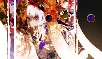 1girl abstract_background absurdres blue_eyes blush colorful commentary english_commentary hat highres kevin_adi looking_at_viewer original solo white_hair wizard_hat