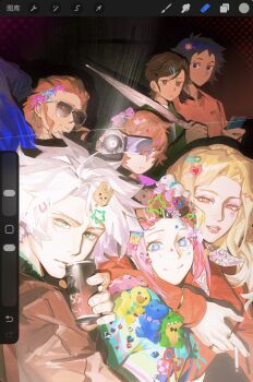 2girls 5boys arm_around_neck art_program_in_frame black_hair blonde_hair blue_eyes bow bright_pupils brown_eyes brown_hair brown_jacket camcorder can canned_coffee cellphone charm_(object) classicaloid closed_mouth closed_umbrella drink_can flower_hairpin franz_liszt_(classicaloid) franz_schubert_(classicaloid) frederic_chopin_(classicaloid) green_jacket hair_bow hair_ornament hairclip heart heart_hair_ornament highres holding holding_can holding_umbrella jacket kagura_sousuke ludwig_van_beethoven_(classicaloid) multiple_boys multiple_girls multiple_hair_bows octahooves orange_shirt otowa_kanae phone pink_ribbon rabbit_hair_ornament red_shirt ribbon shirt short_hair smartphone sunglasses umbrella video_camera white_hair white_pupils wolfgang_amadeus_mozart_(classicaloid)