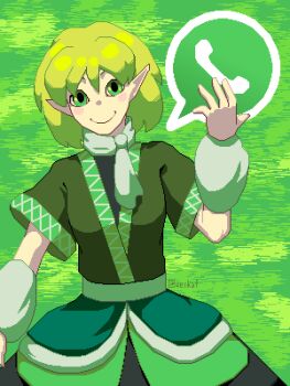 Rule 34 | 1girl, arm up, arm warmers, blush, closed mouth, commentary, cowboy shot, english commentary, green background, green eyes, green theme, highres, looking at viewer, mizuhashi parsee, pixel art, pointy ears, scarf, shirt, short hair, short sleeves, skirt, smile, solo, straight-on, subterranean animism, touhou, vexkaf, whatsapp, zun pose