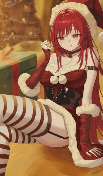 :q absurdres alternate_costume arm_support black_corset blush box breasts choker christmas christmas_present christmas_tree commentary_request corset detached_sleeves dress fur_trim garter_straps gift gift_box goddess_of_victory:_nikke hampo1219 hat highres holding indoors long_hair looking_at_viewer medium_breasts rapi_(nikke) rapi_(red_hood)_(nikke) red_dress red_eyes red_hair santa_costume santa_hat signature sitting smile striped_clothes striped_thighhighs thighhighs tongue tongue_out very_long_hair