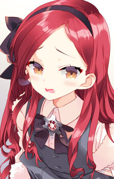 Rule 34 | 1girl, arikawa satoru, black ribbon, blue archive, blush, coat, commentary request, fur trim, headband, highres, long hair, looking at viewer, red hair, ribbon, school uniform, shirt, skirt, solo, takane (blue archive), very long hair, white background, winter uniform, yellow eyes