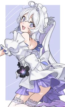 Rule 34 | 1girl, birthday, black flower, blue eyes, bow, commentary request, dress, dress bow, dress flower, flower, frilled dress, frills, from side, garter straps, highres, honkai (series), honkai impact 3rd, kiana kaslana, kiana kaslana (herrscher of finality), long hair, looking at viewer, maid headdress, off-shoulder dress, off shoulder, open mouth, ponytail, puffy short sleeves, puffy sleeves, short sleeves, smile, solo, uehara suiyo, very long hair, white bow, white dress, white hair