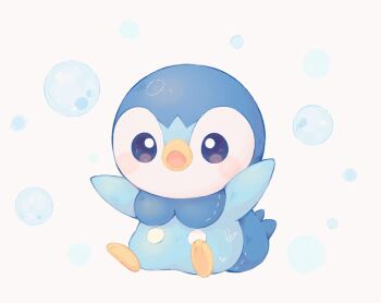 Rule 34 | bird, blue eyes, blush, bubble, commentary, full body, gen 4 pokemon, heart, inomo (qimoshu), nintendo, no humans, open mouth, penguin, piplup, pokemon, pokemon (creature), simple background, sitting, solo, symbol-only commentary, white background