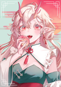 Rule 34 | 1girl, absurdres, blonde hair, blush, breasts, chinese zodiac, commentary request, dragon girl, dragon horns, eyelashes, fangs, food, fruit, hair between eyes, highres, hijiri (sacra 0419), holding, holding food, holding fruit, horns, looking at viewer, new year, open mouth, original, peach, pointy ears, red eyes, solo, tassel, tongue, year of the dragon