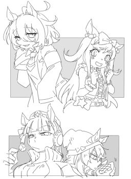 4girls :d agnes_digital_(full-color_fangirling)_(umamusume) agnes_digital_(umamusume) agnes_tachyon_(tach-nology)_(umamusume) agnes_tachyon_(umamusume) ahoge animal_ears beanie beer_hsk bow candy collared_shirt commentary_request ear_covers ears_through_headwear food gold_ship_(umamusume) greyscale hair_between_eyes hair_bow hat highres holding holding_candy holding_food holding_lollipop horse_ears jacket lab_coat lollipop long_hair mini_hat monochrome multiple_girls nakayama_festa_(umamusume) open_mouth profile rubik's_cube shirt sleeves_past_fingers sleeves_past_wrists smile track_jacket two_side_up umamusume very_long_hair