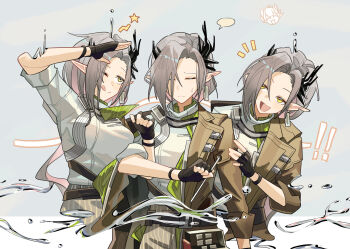 ! 4girls ;p annoyed arknights black_gloves breasts brown_jacket clone closed_eyes colored_inner_hair commentary cropped_torso demon_horns fingerless_gloves gloves grey_background grey_hair highres horns jacket kanshio large_breasts long_hair looking_at_another muelsyse_(arknights) multicolored_hair multiple_girls nasti_(arknights) one_eye_closed open_mouth pink_hair pointy_ears salute shirt smile star_(symbol) tehepero tongue tongue_out upper_body water_drop white_shirt yellow_eyes