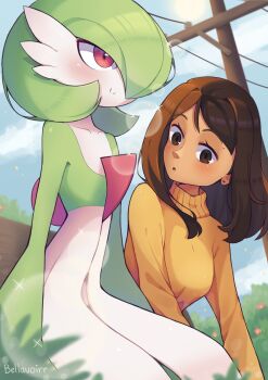 2girls absurdres artist_name artist_self-insert bella_(bellavoirr) bellavoirr blue_sky blurry blurry_foreground blush bob_cut breasts brown_eyes brown_hair bush closed_mouth cloud collarbone colored_skin dark-skinned_female dark_skin day earrings female_focus flat_chest flower gardevoir gen_3_pokemon green_hair green_skin hair_over_one_eye happy heart heart_earrings highres jewelry leaning_forward lens_flare long_hair looking_at_another looking_down matching_hair/eyes medium_breasts multicolored_skin multiple_girls nintendo open_mouth original outdoors pokemon pokemon_(creature) power_lines red_eyes red_flower shiny_skin short_hair sidelocks signature sitting sky smile sparkle stud_earrings sun sunlight sweater turtleneck turtleneck_sweater two-tone_skin utility_pole white_skin yellow_sweater