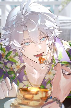 Rule 34 | 2boys, antenna hair, arm tattoo, blue eyes, collared shirt, commentary request, feeding, floral print shirt, food, fork, glazed108642, highres, holding, holding fork, honkai: star rail, honkai (series), korean commentary, looking at viewer, male focus, multiple boys, mydei (honkai: star rail), neck tattoo, open mouth, pancake, pancake stack, parted bangs, phainon (honkai: star rail), pov, pov hands, purple shirt, red tattoo, shirt, short hair, solo focus, sun symbol, sun tattoo, tan, tattoo, teeth, white hair