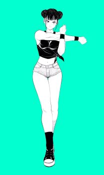 1girl aqua_eyes commentary_request cross-body_stretch double_bun full_body greyscale_with_colored_background hair_bun highres lee_(dragon_garou) micro_shorts midriff navel original serious shoes shorts sidelocks socks solo stretching tank_top tied_tank_top v-shaped_eyebrows