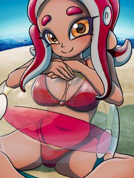 Rule 34 | 1girl, absurdres, agent 8 (splatoon), ball, beach, beachball, bikini, blush, breasts, cleavage, cloud, collarbone, highres, large breasts, long hair, looking at viewer, navel, nintendo, ocean, octoling, octoling girl, octoling player character, octopus girl, orange eyes, pointy ears, red bikini, red hair, sand, sitting, sky, smile, soandnb, sparkle, splatoon (series), suction cups, swimsuit, tentacle hair, water