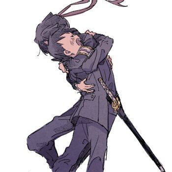 2boys ace_attorney armband black_coat black_hair black_pants coat commentary_request feet_out_of_frame hazime headband hug katana kazuma_asogi long_sleeves male_focus multiple_boys mutual_hug open_mouth pants parted_bangs red_headband ryunosuke_naruhodo short_hair simple_background smile sword the_great_ace_attorney weapon white_background