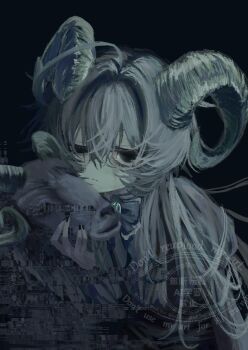 ahoge animal_head black_background black_eyes black_nails bow bowtie brooch corruption crossed_bangs grey_hair hashtag-only_commentary highres holding horns jewelry long_hair original watermark xo0_0ox1