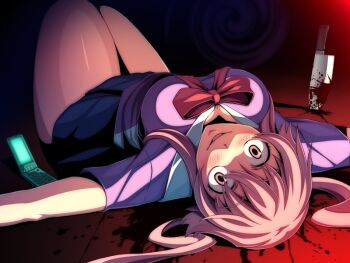 1girl blood blush cellphone crazy crazy_eyes female_focus gasai_yuno kanisaka knife long_hair looking_at_viewer lying mirai_nikki on_back phone pink_eyes pink_hair school_uniform solo yandere