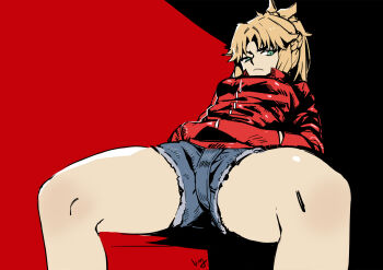 1girl bad_id bad_pixiv_id blonde_hair braid club3 cutoffs denim denim_shorts fate/grand_order fate_(series) female_focus frown graphite_(medium) green_eyes half_up_braid hands_in_pockets highres jacket looking_at_viewer mordred_(fate) mordred_(fate/apocrypha) mordred_(memories_at_trifas)_(fate) red_background scowl shorts solo spread_legs thick_thighs thighs traditional_media