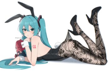 1girl absurdres animal_ears aqua_eyes aqua_hair arm_tattoo black_leotard hatsune_miku highres kagironsfw kasane_teto lace lace_pantyhose lace_pantyhose_hooked_on_heel_(meme) leotard long_hair lying meme on_stomach pantyhose rabbit_ears rabbit_tail simple_background solo stuffed_toy tail tattoo twintails vocaloid white_background