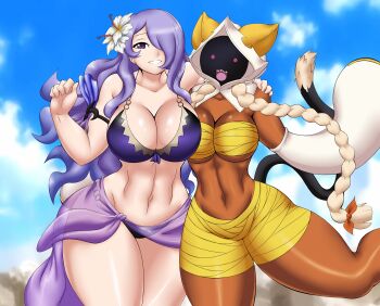 2girls abs animal_ears bandage_panties bandages bikini blazblue braid breasts camilla_(fire_emblem) camilla_(tropical_beauty)_(fire_emblem) cat_ears cat_girl cat_tail chest_sarashi cleavage cloud dark-skinned_female dark_skin fire_emblem fire_emblem_fates fire_emblem_heroes hair_over_one_eye hidden_face hood large_breasts long_hair lynkai midriff multiple_girls navel nintendo o-ring o-ring_bikini official_alternate_costume one_eye_covered outdoors purple_eyes purple_hair sarashi sarong sharp_teeth sky swimsuit tail taokaka teeth toned toned_female twin_braids wavy_hair