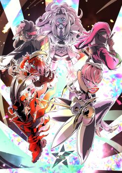 2girls 3boys absurdres ahoge aqua_eyes atticus_(pokemon) backpack bag baseball_cap black_eyes black_gloves black_hair black_nails blonde_hair boots bright_pupils cane cellphone closed_mouth collared_shirt commentary_request computer eri_(pokemon) eyelashes facepaint fingerless_gloves gen_4_pokemon giacomo_(pokemon) gloves grin hands_on_own_hips hat headphones headphones_around_neck highres holding holding_cane holding_laptop index_finger_raised kakashino_kakato laptop long_hair mela_(pokemon) multicolored_hair multiple_boys multiple_girls nail_polish neck_ribbon necktie nintendo ortega_(pokemon) outline phone pink_eyes pink_hair poke_ball poke_ball_(basic) poke_ball_theme pokemon pokemon_sv purple_nails purple_necktie red_boots red_hair red_ribbon ribbon rotom rotom_phone shirt short_hair smartphone smile star_(symbol) team_star teeth thick_eyebrows two-tone_hair white_eyes white_hair white_hat white_outline white_pupils