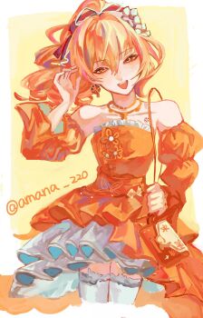 1girl amana_220 bag bare_shoulders blonde_hair border chest_tattoo commentary_request cropped_legs detached_sleeves dress drill_hair earrings flower genshin_impact hair_between_eyes hair_flower hair_ornament hair_ribbon hand_up highres holding_strap jewelry long_hair looking_at_viewer necklace official_alternate_costume open_mouth orange_bag orange_dress outside_border ribbon single_earring solo tattoo teeth thighhighs twitter_username upper_teeth_only white_border white_thighhighs yellow_background yellow_eyes yoimiya_(genshin_impact) yoimiya_(resplendent_feast)_(genshin_impact)
