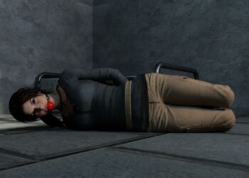 1girl 3d arms_behind_back ass ball_gag bdsm bondage bound breasts brown_eyes brown_hair gag gagged hogtie iorel-renders jewelry lara_croft necklace rope tomb_raider