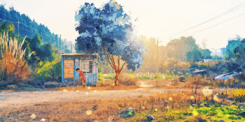 1girl absurdres black_hair commentary_request day dress foliage from_side highres looking_at_viewer looking_to_the_side original outdoors path pink_dress power_lines road rural scenery shack shang_zhou short_hair solo tree turning_head utility_pole walking wide_shot