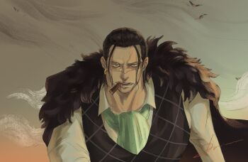 1boy ascot black_hair cigar coat commentary_request crocodile crocodile_(one_piece) crocodilian damon_(damonn_h) earrings fur-trimmed_coat fur_trim green_ascot hair_slicked_back highres jewelry korean_commentary looking_at_viewer male_focus one_piece shirt sidelocks solo stitched_face stitches upper_body vest waistcoat white_shirt