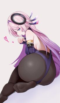 1girl armband ass black_pantyhose blue_eyes citlali_(genshin_impact) commentary facial_mark feathers floating_headgear forehead_mark genshin_impact headgear heart highres leotard long_hair looking_at_viewer pantyhose pink_hair pink_pupils purple_feathers purple_leotard ring_hair_ornament sasunopi simple_background soles solo triangle triangle_facial_mark white_background