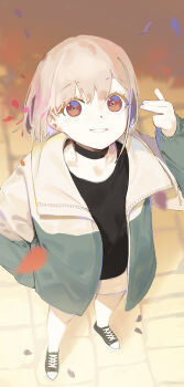 absurdres black_shirt black_shoes blonde_hair chinese_commentary coat commentary_request from_above highres leaf looking_at_viewer open_mouth original outdoors red_eyes shirt shoes shorts simple_background uta_(xuyansong1996)