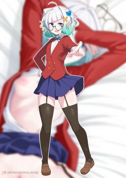 1girl :d ahoge aqua_hair black_garter_straps black_thighhighs blue_bow blue_eyes blue_skirt blurry blurry_background bow breasts brown_shoes commentary densetsu.exe diagonal_bangs english_commentary fang full_body garter_straps gradient_hair hair_bow hair_ornament hand_on_own_hip jacket loafers long_sleeves looking_at_viewer mint_fantome miyo_mizugi multicolored_hair nipples oohashi_high_school_uniform open_clothes open_mouth open_shirt outline patreon_logo patreon_username pleated_skirt pointing pointing_at_viewer pointy_ears red_jacket round_eyewear school_uniform shirt shoes short_hair skin_fang skirt small_breasts smile solo standing thighhighs toradora! v-shaped_eyebrows virtual_youtuber white_hair white_outline white_shirt x_hair_ornament zettai_ryouiki