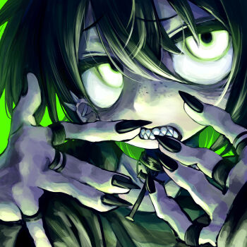 Rule 34 | 1boy, absurdres, black nails, black shirt, commentary request, fingernails, freckles, goth fashion, green background, green hair, green theme, highres, jewelry, looking at viewer, male focus, melanin shikiso, original, ring, sharp teeth, shirt, short hair, solo, spiked ear piercing, teeth, upper body, white eyes