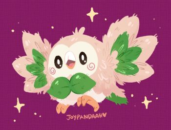 animal_focus artist_name bird blush blush_stickers commentary english_commentary full_body gen_7_pokemon joypandaah nintendo no_humans open_mouth owl pokemon pokemon_(creature) pokemon_focus purple_background rowlet solo sparkle