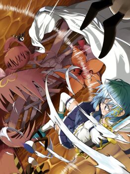 absurdres blue_eyes blue_hair cape familiar_(madoka_magica) fangs fighting flower highres holding holding_sword holding_weapon honeycomb_(pattern) lying magical_girl mahou_shoujo_madoka_magica miki_sayaka miki_sayaka_(magical_girl) monster monznyan on_back sword weapon white_cape witch_(madoka_magica)